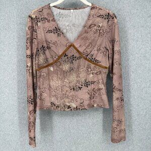 Womens 90s Babydoll Mesh Long Sleeve Top Size L Tan Beige Floral Whimsical Fairy
